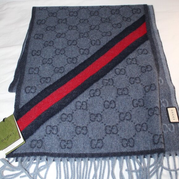 NWT GUCCI New Nikky Wool GG Monogram Web Stripe Scarf Tassel Gray Unisex - Picture 1 of 6